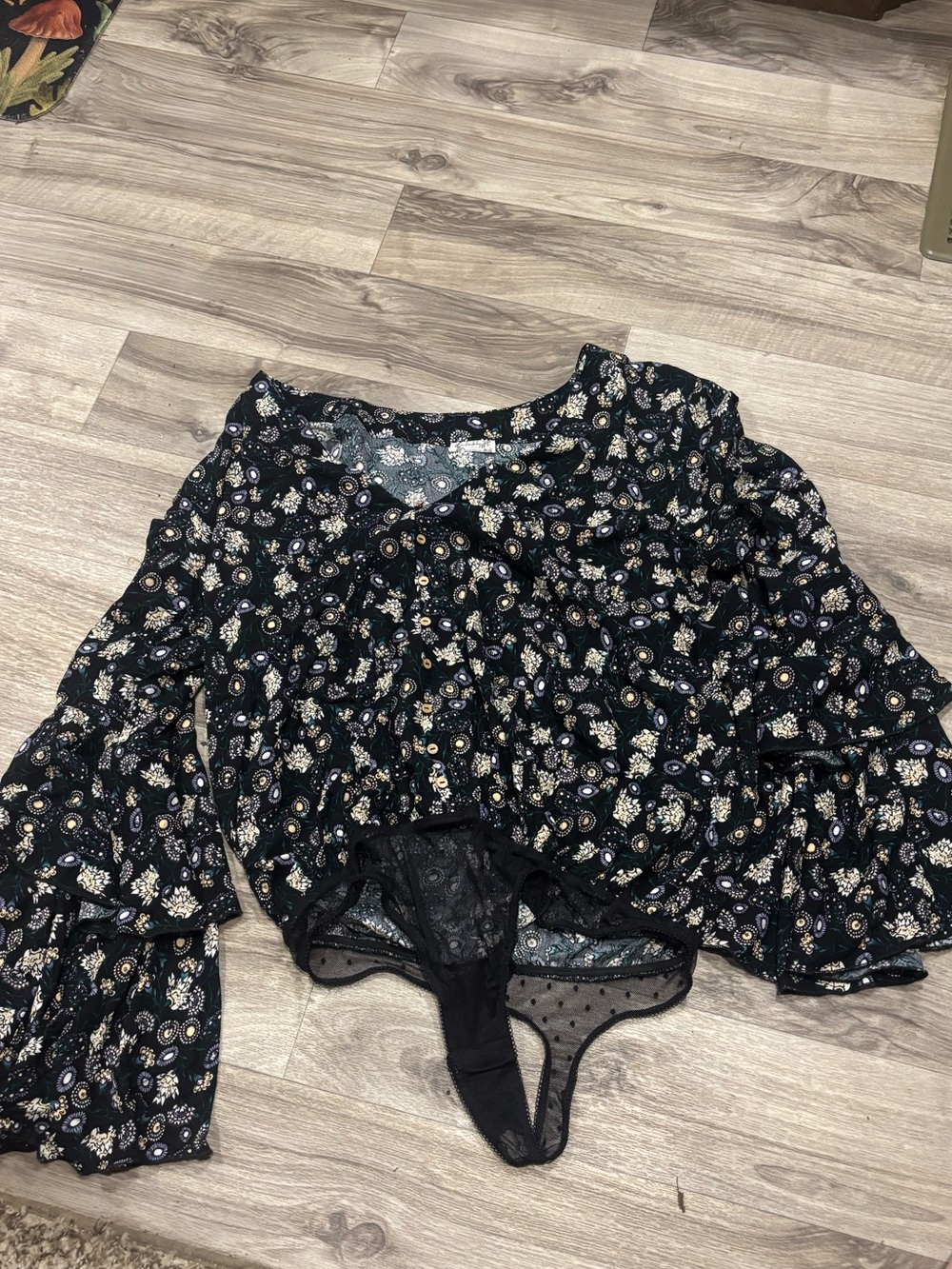 Free people Black Floral Long-Sleeve Bodysuit Blouse